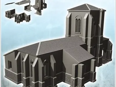 European church with bell tower tiled roof and numerous buttress 3D print model