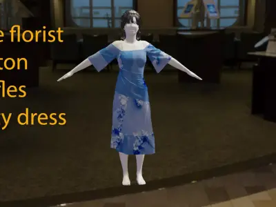 Blue florist cotton ruffles party dress 3D model