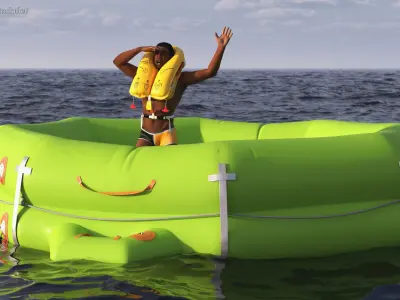  Man in Life Vest on Inflatable Raft 