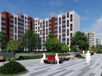 3D model of the urban environment with houses and a square  3D model