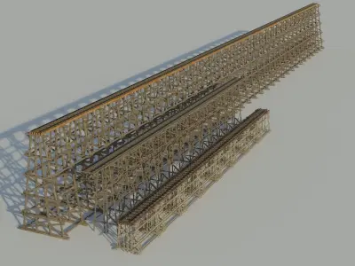 Three models 3D Wood trestle bridge and rail tracks Low-poly 3D model