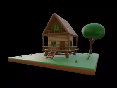 Stylized Wooden Cabin House with Tree and Pond Diorama Low-poly 3D model