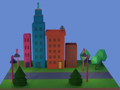 low poly street city with buildings and lights Free 3D model