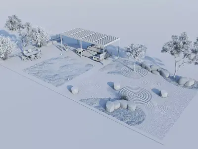 Modern Courtyard Design with Pergola and Zen Garden Low-poly 3D model