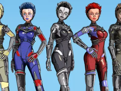 Asymmetric Robotic Characters Cyborg Girl Pack Low-poly 3D model