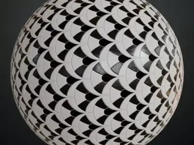 Modern Glossy Black and White Fan Pattern Tiles PBR Seamless Texture