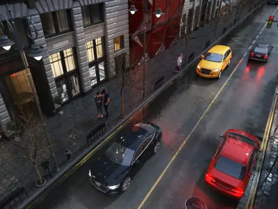 Post-rain commercial street Low-poly 3D model