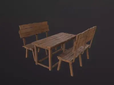 Wooden Table With Bench 3D Model Low-poly 3D model