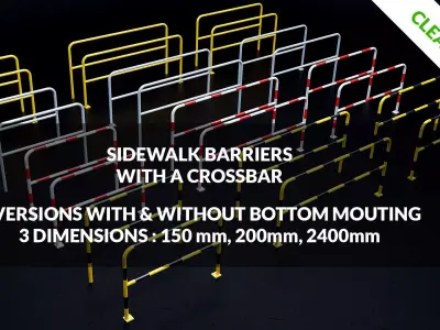 Sidewalk Rail Barriers with crossbar - 3 varriants Low-poly 3D model