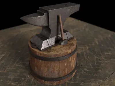 Medieval Anvil and Hammer Low-poly 3D model