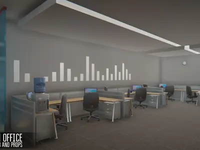 Main office - interior and props Low-poly 3D model