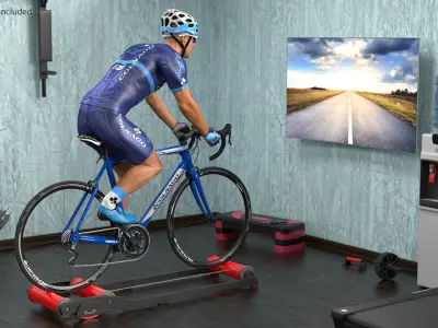  Cyclist on Road Bike with Roller Trainer Rigged 