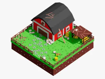 Low poly Farm Barn Diorama Low-poly 3D model