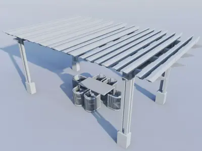 Modern Wood Pergola with Metal Supports and Dining Set Low-poly 3D model
