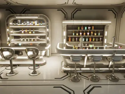 Cyber bar sci fi furniture and neon signs Low-poly 3D model