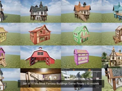 Set of 10 Medieval Fantasy Buildings Game Ready 3D Model Pack