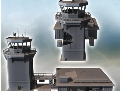Airport building with damaged control tower and large aircraft h 3D print model purchase