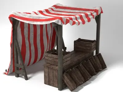  Medieval Market Stall Tent Red and White 3D Model with Crates Low-poly 3D model