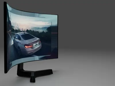 Monitor curved tv screen with car Free 3D model