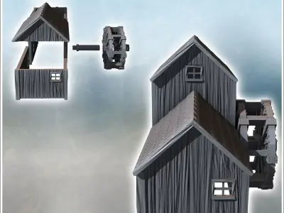 Rural water mill with a three-part building and a wooden wheel 3 3D print model