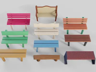 Cartoon Benches Collection Low-poly 3D model
