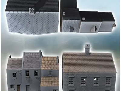 Set of four modern buildings with French bakery and ground-floor 3D print model