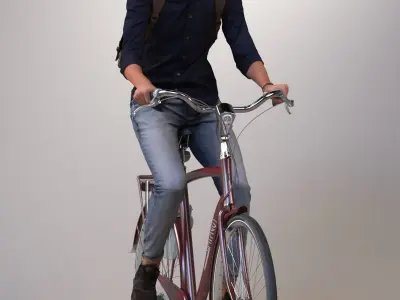 Pre-posed man on a bicycle with realistic hair 3D model
