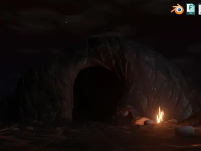 Spooky cave with an animated Fire Low-poly 3D model