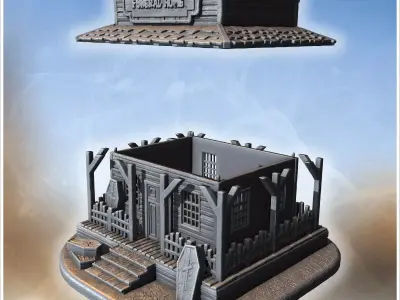 Funeral home with wooden coffins porch columns picket fence and  3D print model