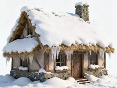 Snowy Thatched Cottage 3D Model - Winter Fantasy Home Low-poly 3D model