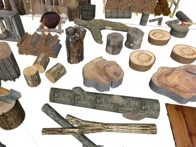 Timber firewood pile logs tree stumps branches 3D model