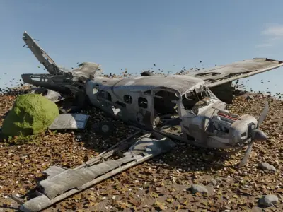 Destroyed Cessna 172 Skyhawk Wreckage Overgrown Forest Crash 3D model