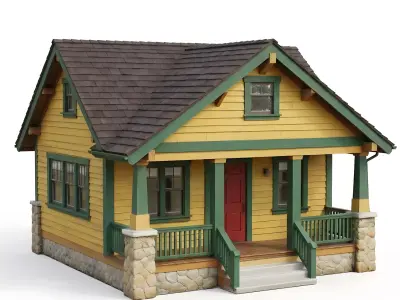 Sunny Yellow and Green Craftsman Bungalow 3D Model Low-poly 3D model