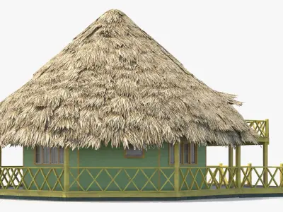  Tropical Beach Hut with Thatched Roof and Yellow Railings 