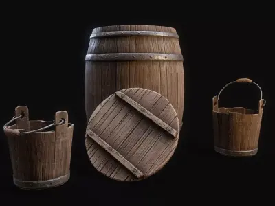 Medieval Barrels and bucket Low-poly 3D model