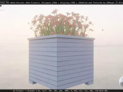 Public Plant Pot Wood-Version with Red Flowers Low-poly 3D model