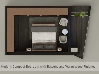 Modern Compact Bedroom with Balcony and Warm Wood Finishes 3D model