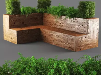 bench926 wooden planter with plants in it 3D model