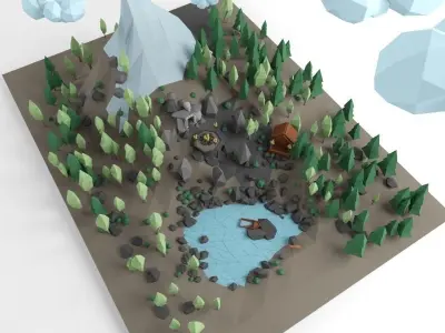 Low poly lanscape mountain hill tree lake and other items Low-poly 3D model