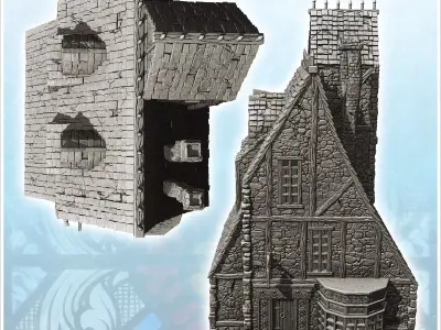 Medieval manor with English-style window roof spikes and stone t 3D print model