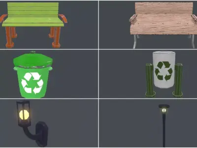 Low Poly 6 Street Furniture Assets Pack 3D Model Collection Low-poly 3D model