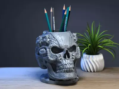 Robot Skull pen holder  Cyborg pen holder 3D print model