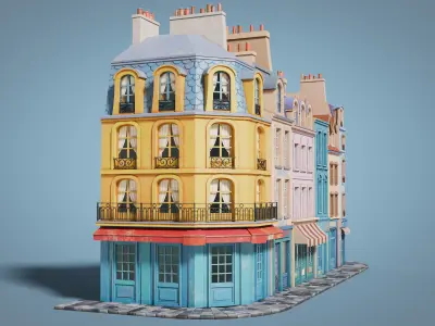 Cartoon city facades Low-poly 3D model