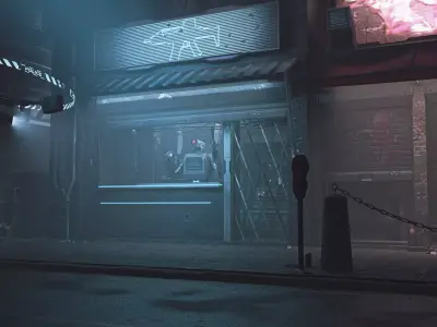 Scifi neon gun store - dangerous streets of cyberpunk city Low-poly 3D model