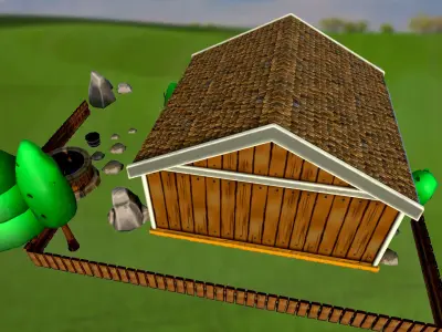 Set of stylized house bushes trees well stones fence PBR Low-poly 3D model