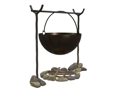 campfire cauldron with rocks and sticks 3D model