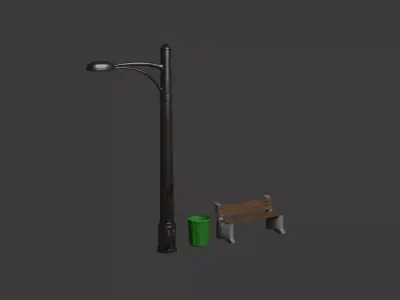Game Ready Street Light Bench Dustbin Low-poly 3D model