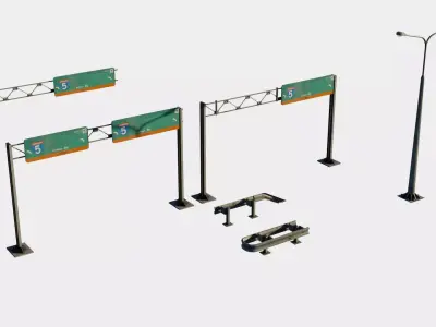 highway guard rail signs and street lights with 4k pbr textures Low-poly 3D model