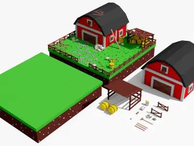 Low poly Farm Barn Diorama Low-poly 3D model