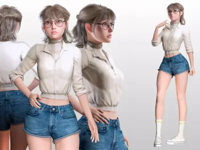 Stylized Female Character Cartoon  with Glasses Low-poly 3D model
